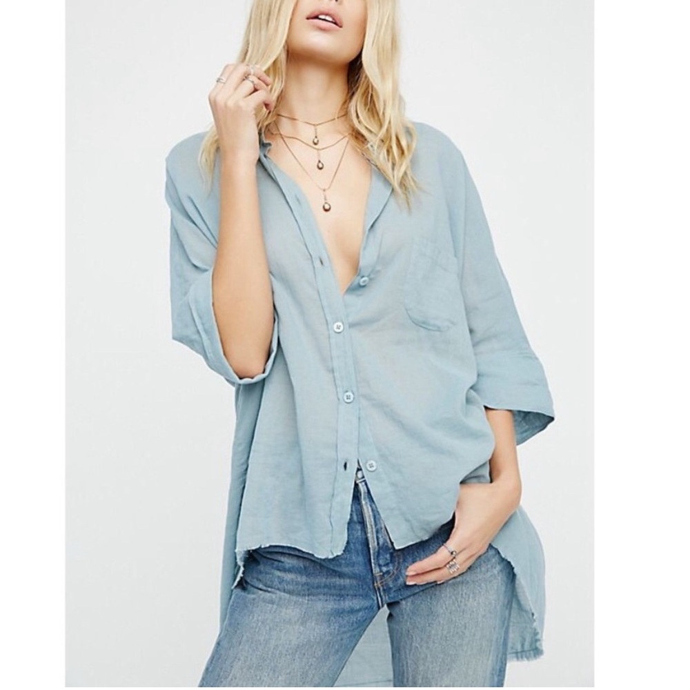 FREE PEOPLE Best of Me Blue Button Front Waterfall Top High-Low Raw Hem Blouse
